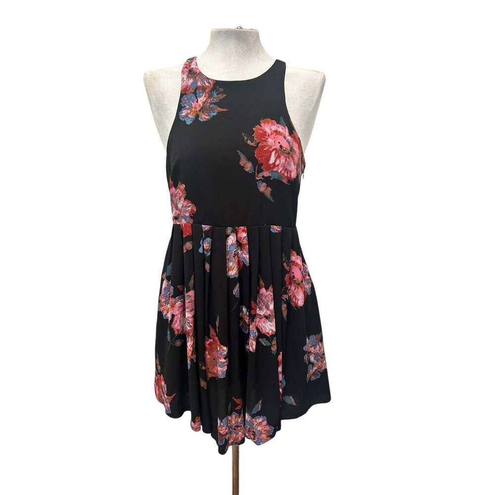 Free People Flutterby Floral Mini Dress Sz 0 Black Pleated Skater w Pockets